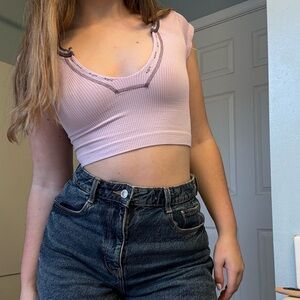 Urban Outfitters Pink Ribbed Scoop-Neck Crop Top with Contrast Trim